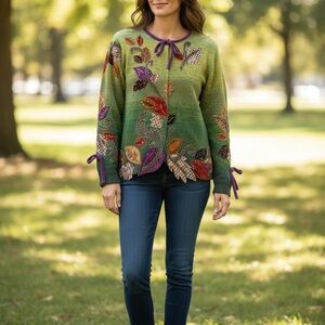 VTG Artisan Green Gradient Cardigan with Leaf Appliqué granny core